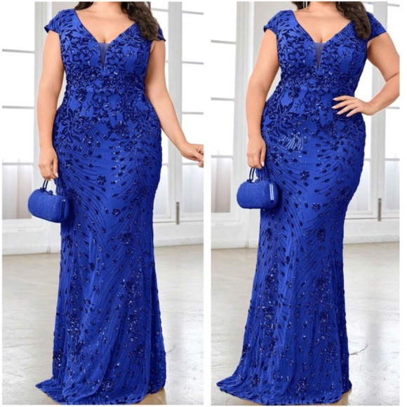 Plus V neck Sequin High Waisted Formal Black Tie Wedding Dress - Picture 8 of 8